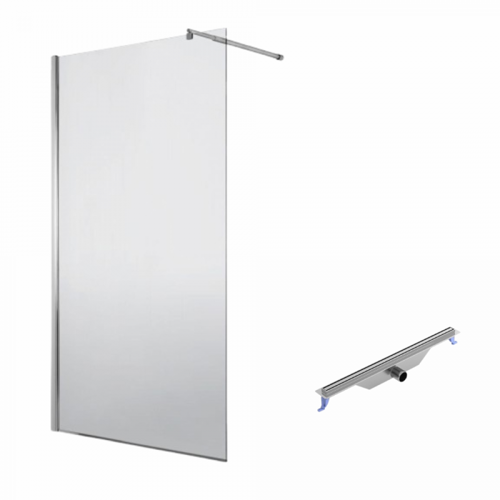 Set paravan dus walk-in 90x200 cm sticla securizata crom, Deante Abelia, cu rigola cu capac crom, iesire laterala, 700 mm, Cersanit Tako Slim