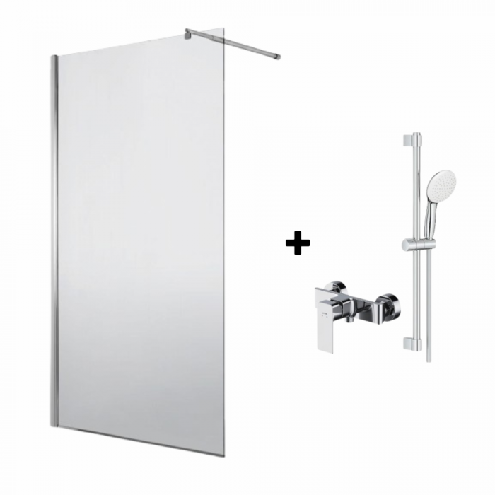 Set paravan dus walk-in 90x200 cm sticla securizata crom Deante cu bara, para dus si furtun, Grohe New Tempesta 110 si baterie dus Cersanit Suaro