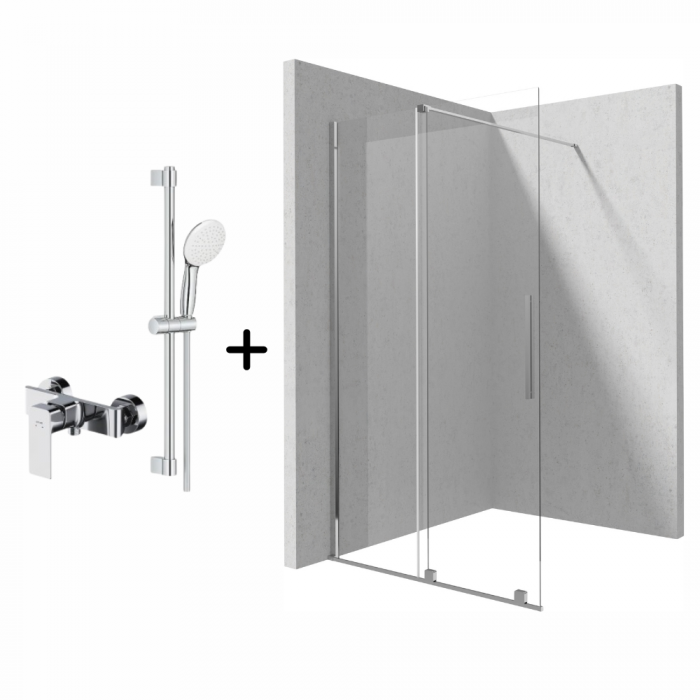 Set paravan dus walk-in cu usa glisanta, 100x195 cm, crom lucios, Deante Prizma cu baterie, para dus cu bara si furtun, Grohe New Tempesta 110