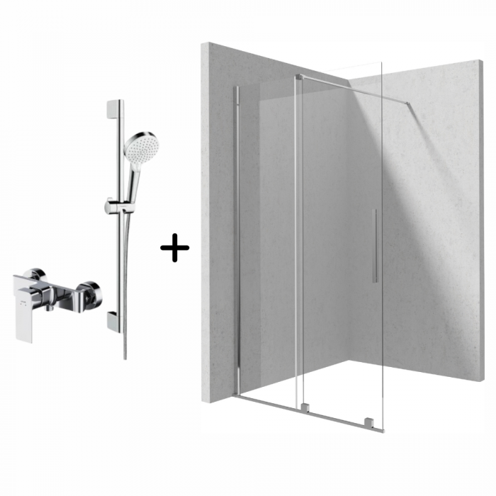 Set paravan dus walk-in cu usa glisanta, 100x195 cm, crom lucios, Deante Prizma, cu para dus, bara, furtun si baterie crom [1]