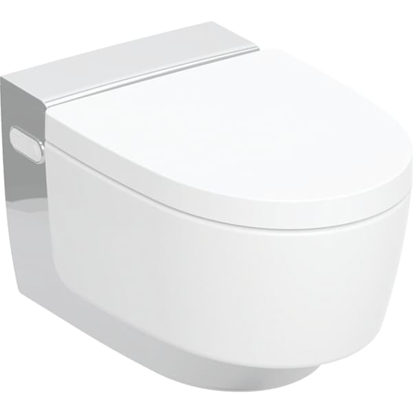 Set vas wc cu functie de bideu rimless suspendat cu capac soft close, ornament crom, Geberit AquaClean Mera Comfort