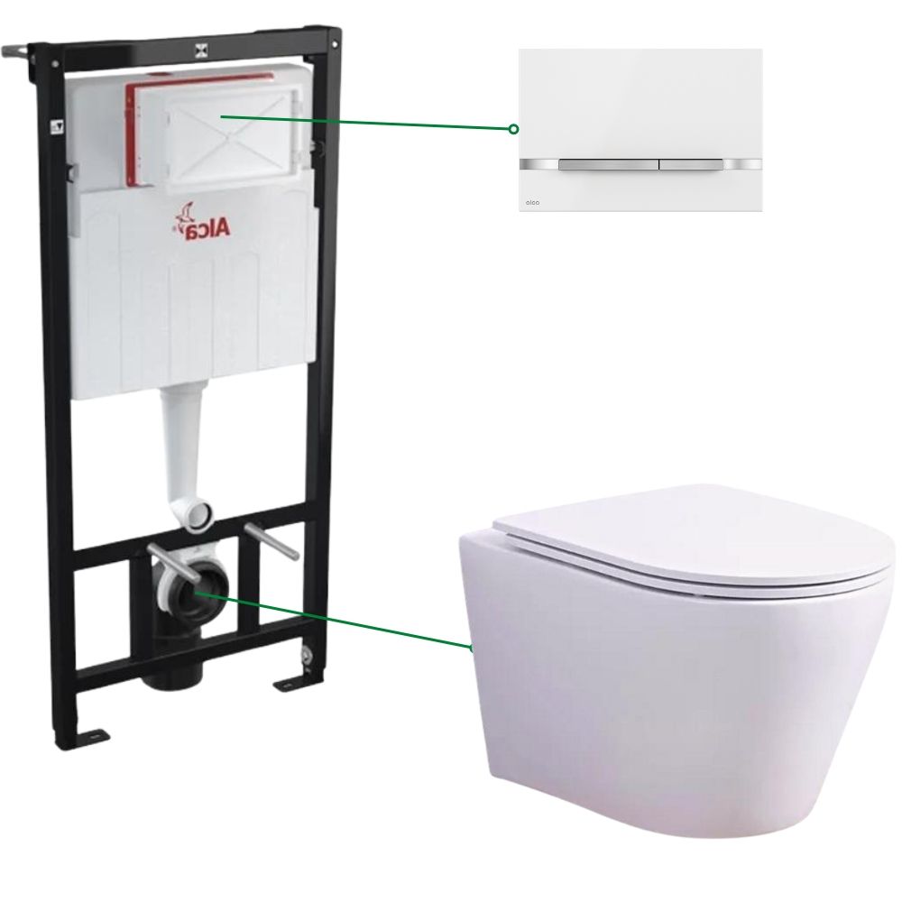 Set vas wc rimless alb cu capac soft close Oslo Foglia, rezervor incastrat si clapeta otel inoxidabil alba [1]