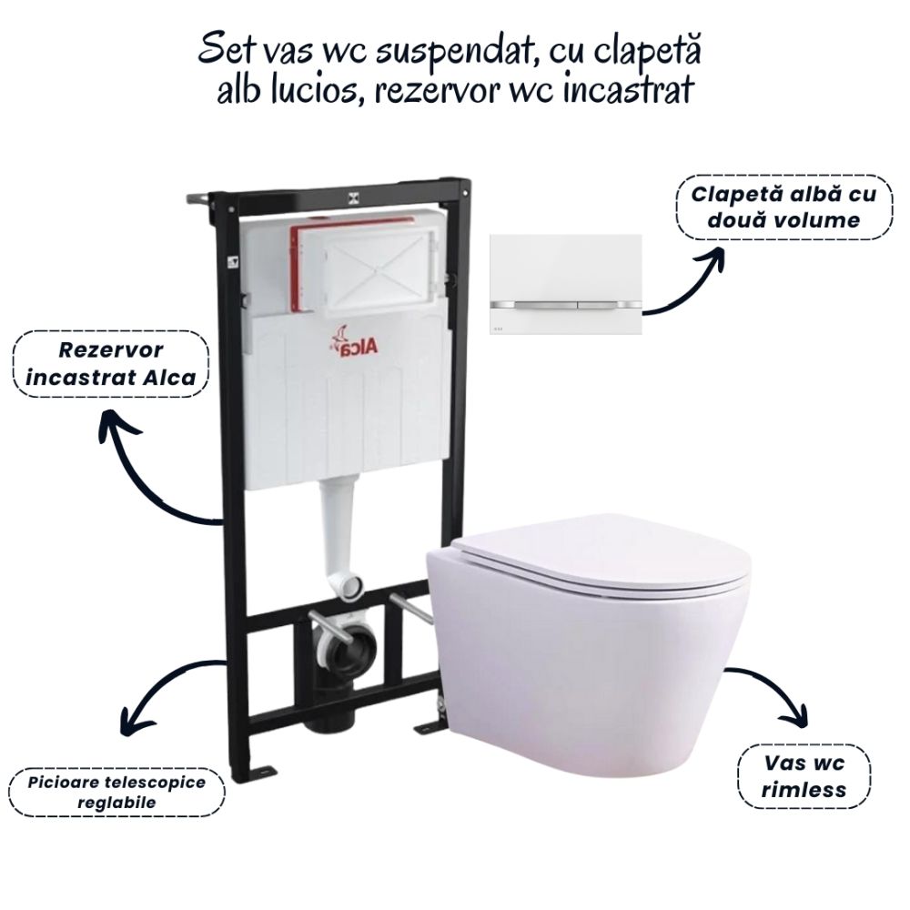 Set vas wc rimless alb cu capac soft close Oslo Foglia, rezervor incastrat si clapeta otel inoxidabil alba [2]