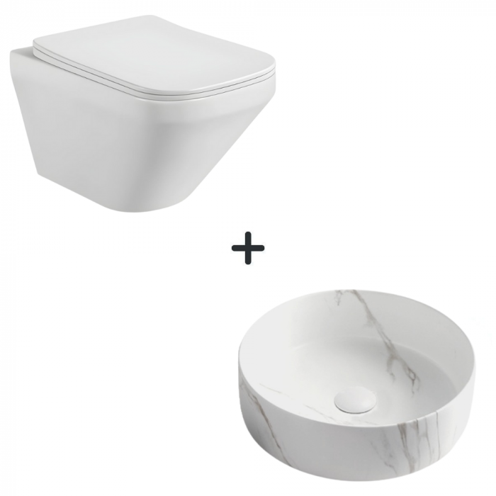 Set vas wc rimless cu capac soft close Bristol plus lavoar baie rotund cu efect marmura