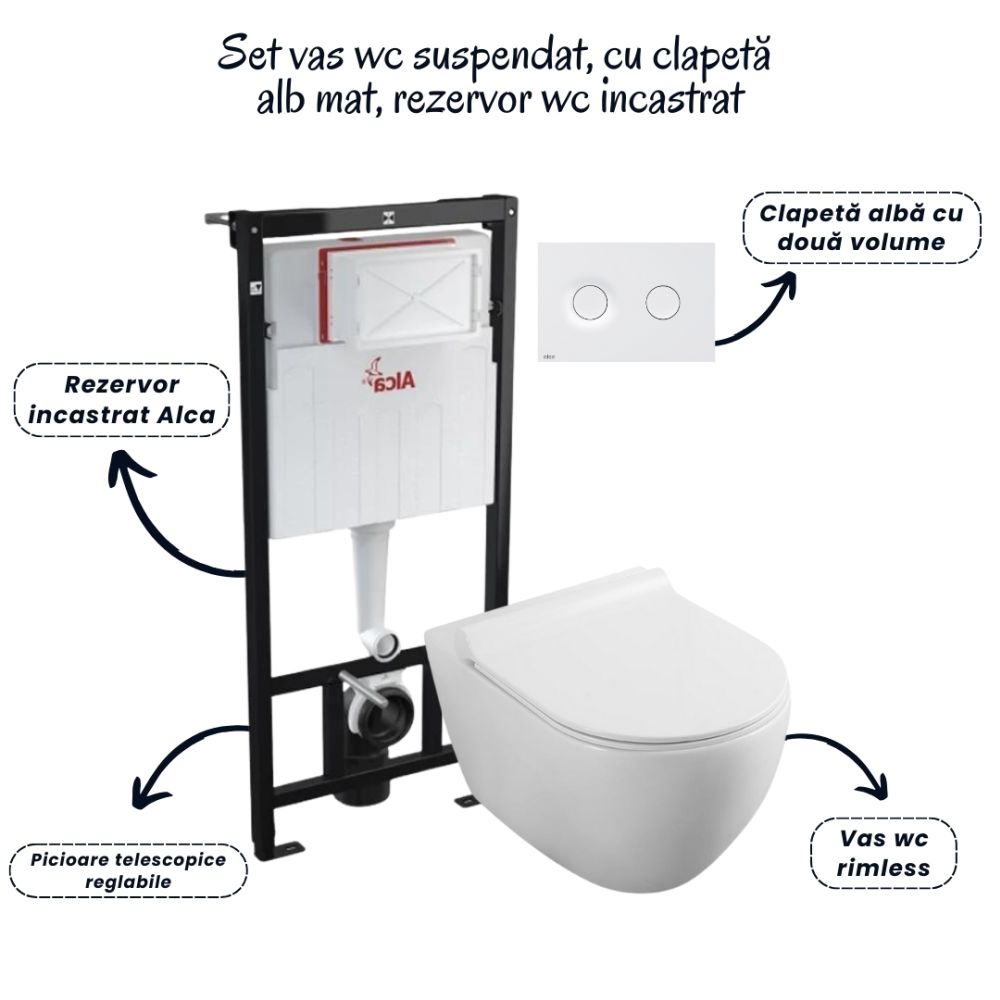 Set vas wc rimless cu capac soft close Fluminia Minerva, rezervor incastrat si clapeta alb mat Alcadrain M1976 [2]