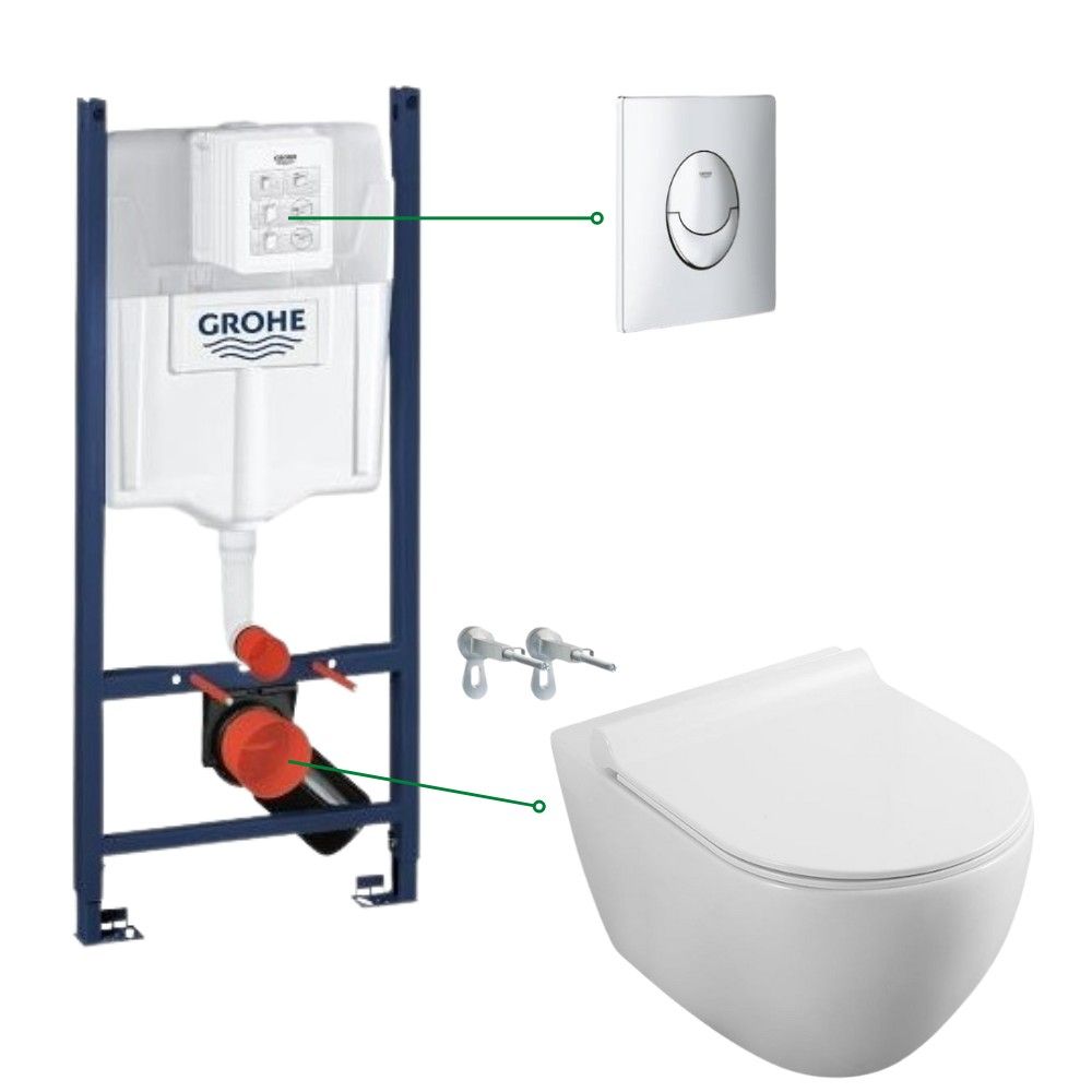 Set vas wc rimless cu capac soft close Fluminia Minerva, rezervor incastrat si clapeta crom Skate Air Grohe