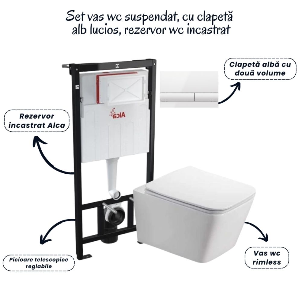 Set vas wc rimless cu capac soft close Fluminia Paris, rezervor incastrat si clapeta alba Alcaplast [2]