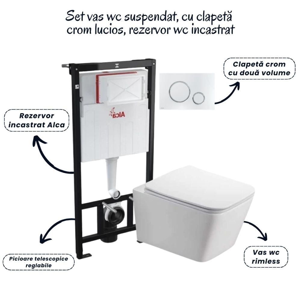 Set vas wc rimless cu capac soft close Fluminia Paris, rezervor incastrat si clapeta crom lucios Alcaplast [2]