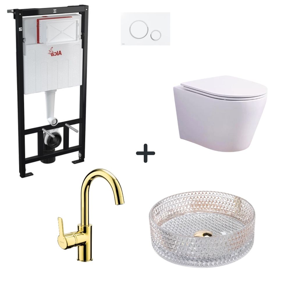 Set vas wc rimless cu capac soft close, lavoar baie, baterie si rezervor wc cu clapeta alb mat