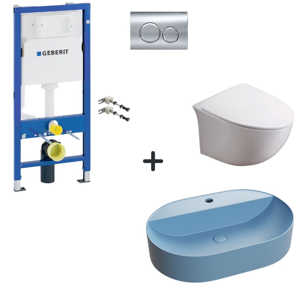 Set vas wc rimless cu capac soft close, lavoar baie bleu mat si rezervor wc cu clapeta crom lucios