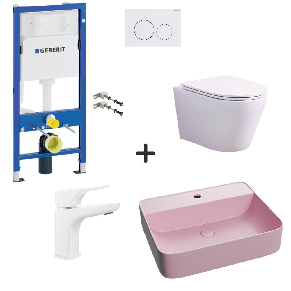 Set vas wc rimless cu capac soft close, lavoar baie roz mat, baterie si rezervor wc cu clapeta alba