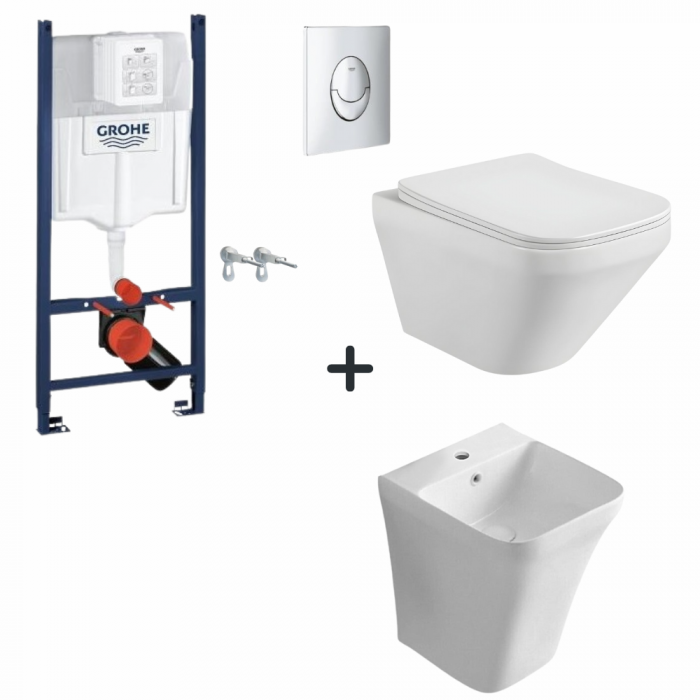 Set vas wc rimless cu capac soft close, lavoar baie suspendat si rezervor wc cu clapeta crom