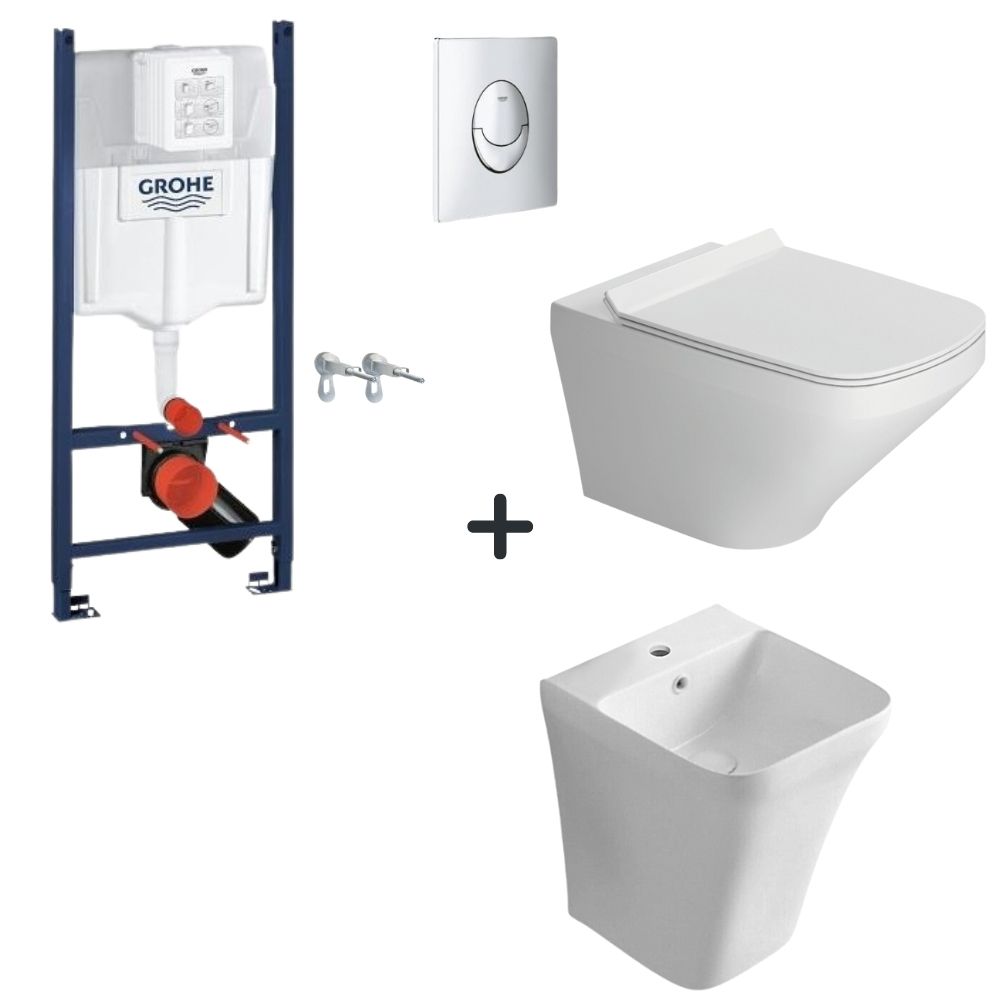 Set vas wc rimless cu capac soft close, lavoar baie suspendat si rezervor wc cu clapeta crom