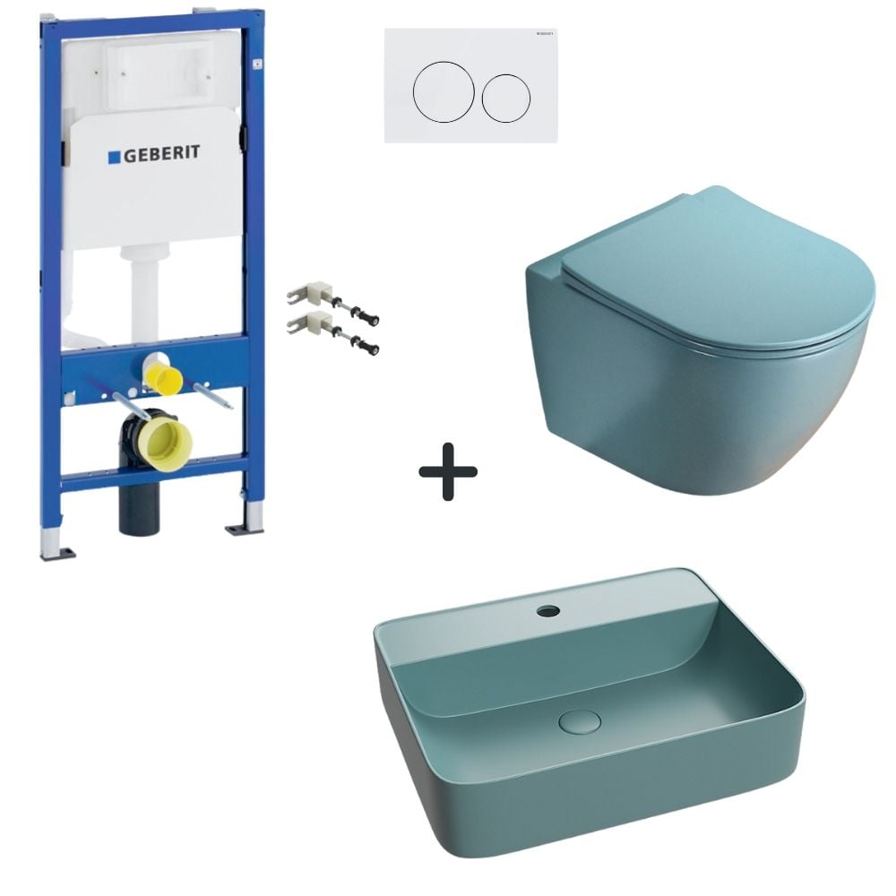 Set vas wc rimless cu capac soft close, lavoar baie verde turcoaz si rezervor wc cu clapeta alba