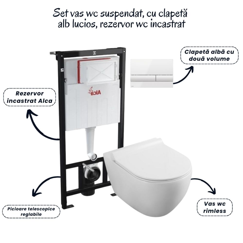 Set vas wc rimless cu capac soft close Minerva, rezervor incastrat si clapeta [2]