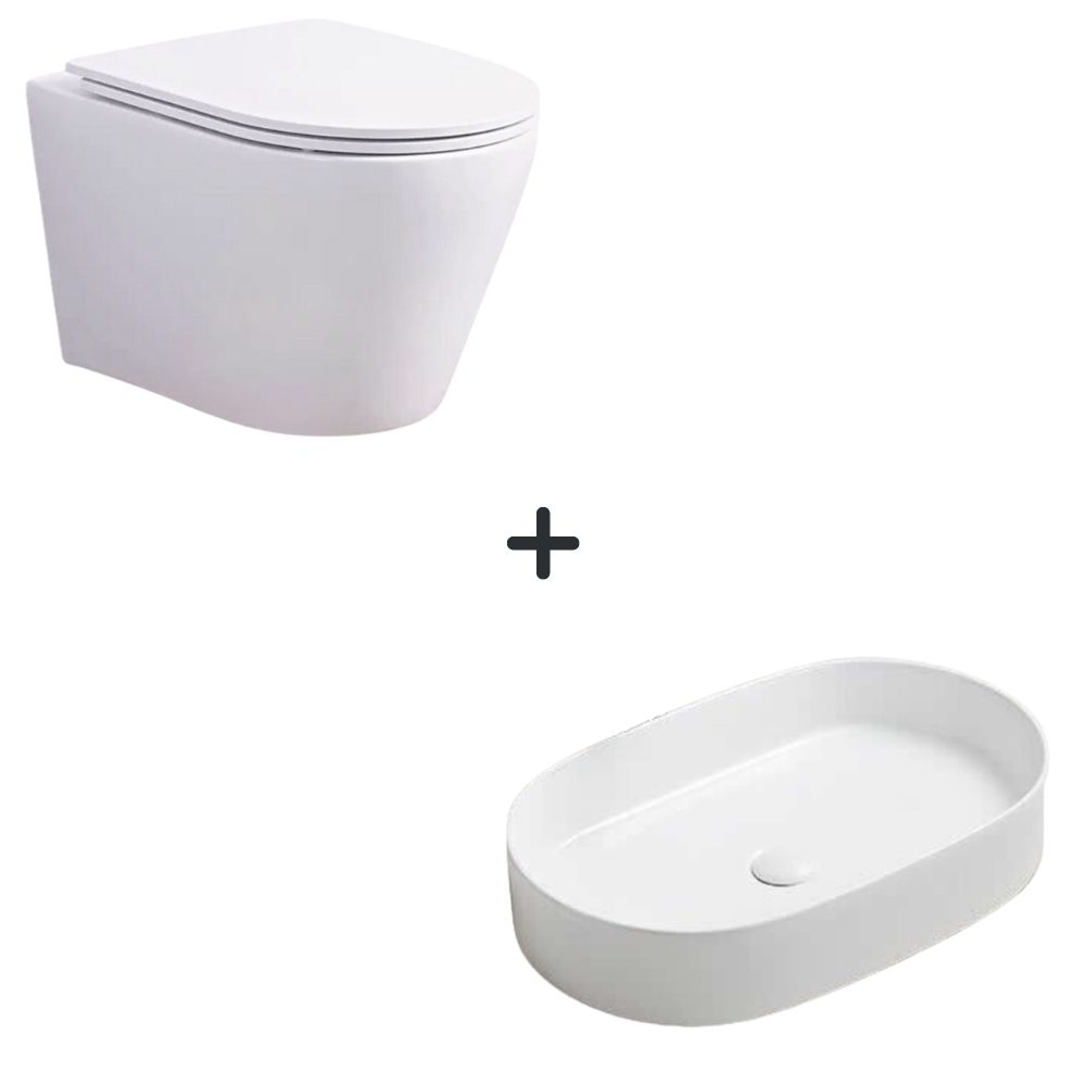 Set vas wc rimless cu capac soft close Oslo plus lavoar baie oval alb lucios