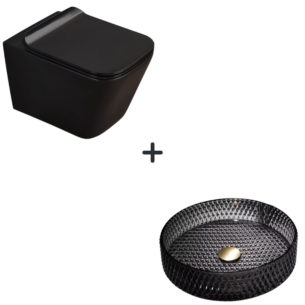 Set vas wc rimless cu capac soft close Paris plus lavoar baie rotund sticla securizata neagra [1]