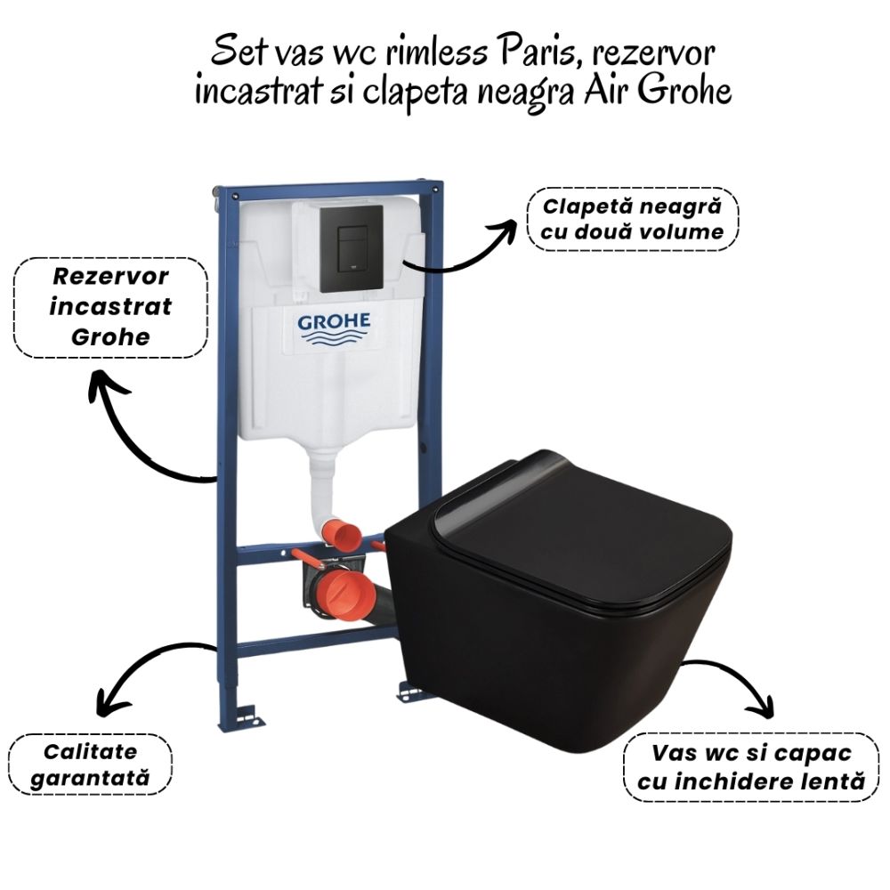 Set vas wc rimless negru cu capac soft close Paris, rezervor incastrat Grohe Solido 3 in 1 cu clapeta Even [2]
