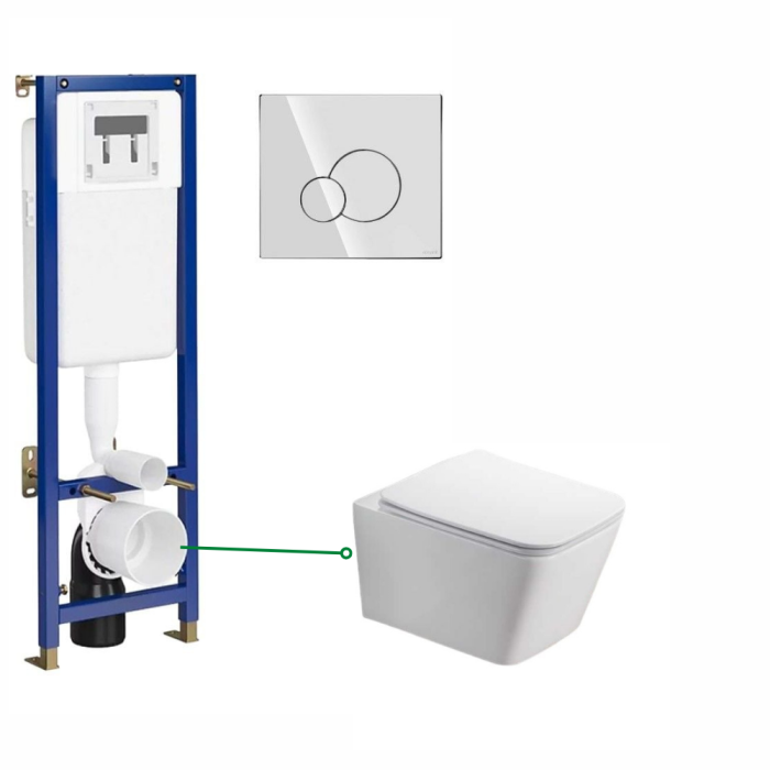 Set vas wc rimless suspendat, dreptunghiular, alb lucios, Foglia Safari, rezervor wc incastrat cu clapeta crom lucios, Cersanit Tech Line Base [1]