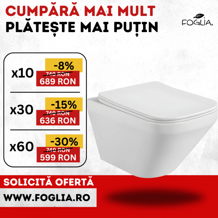 Set vas wc rimless suspendat, dreptunghiular, capac slim softclose, Foglia Bristol
