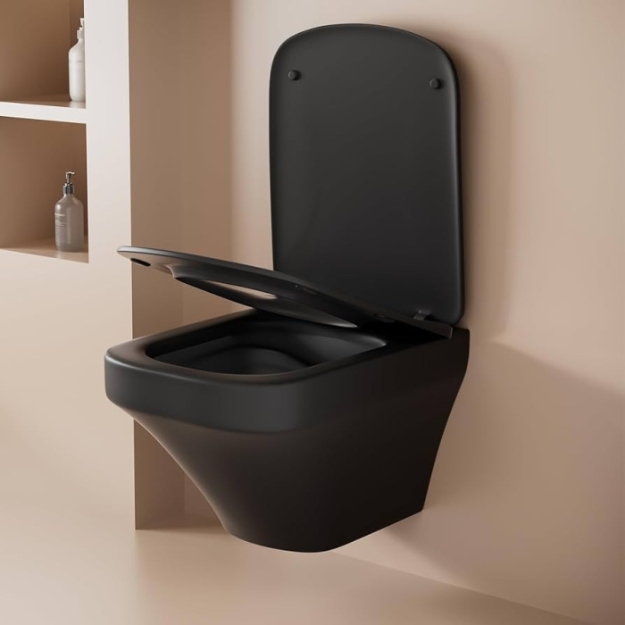 Set vas wc rimless suspendat negru mat, dreptunghiular, capac slim softclose, Foglia Bristol [6]
