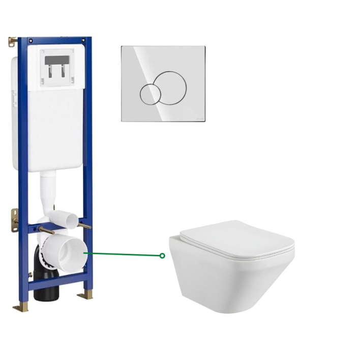 Set vas wc rimless suspendat, dreptunghiular, capac slim softclose, Foglia Bristol, rezervor wc incastrat si clapeta crom lucios, Cersanit Tech Line Base [1]