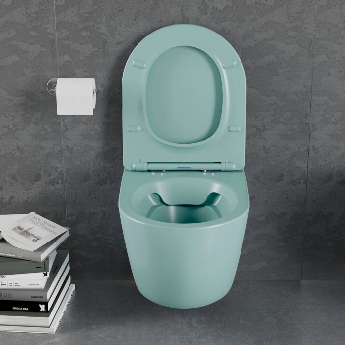 Set vas wc suspendat, verde turcoaz, mat, rimles , capac softclose, Rotund, Foglia Oslo [5]