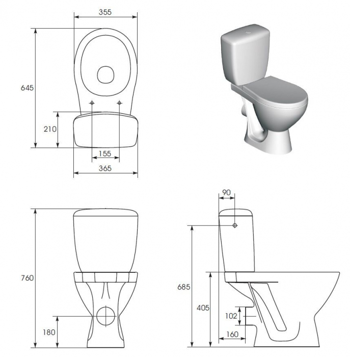 Set vas WC stativ cu rezervor si capac, evacuare orizontala, Cersanit Mito Compact Kascada [3]
