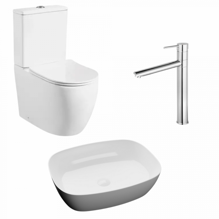 Set vas wc stativ rimless Foglia Oslo cu rezervor si capac soft close inclus, lavoar dreptunghiular cu margini rotunjite plus baterie inalta crom lucios