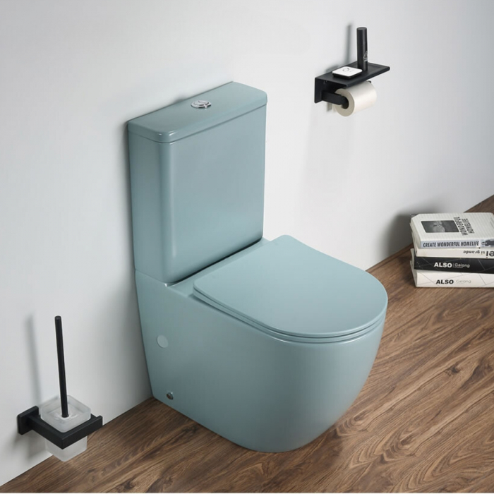 Set vas wc stativ rimless verde turcoaz mat Foglia Oslo cu rezervor si capac soft close inclus plus dulap baie suspendat 2 sertare si lavoar inclus [2]