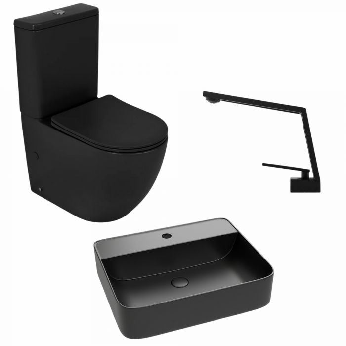 Set vas wc stativ rimless negru mat Foglia Oslo cu rezervor si capac soft close inclus, lavoar dreptunghiular cu orificiu baterie plus baterie negru mat