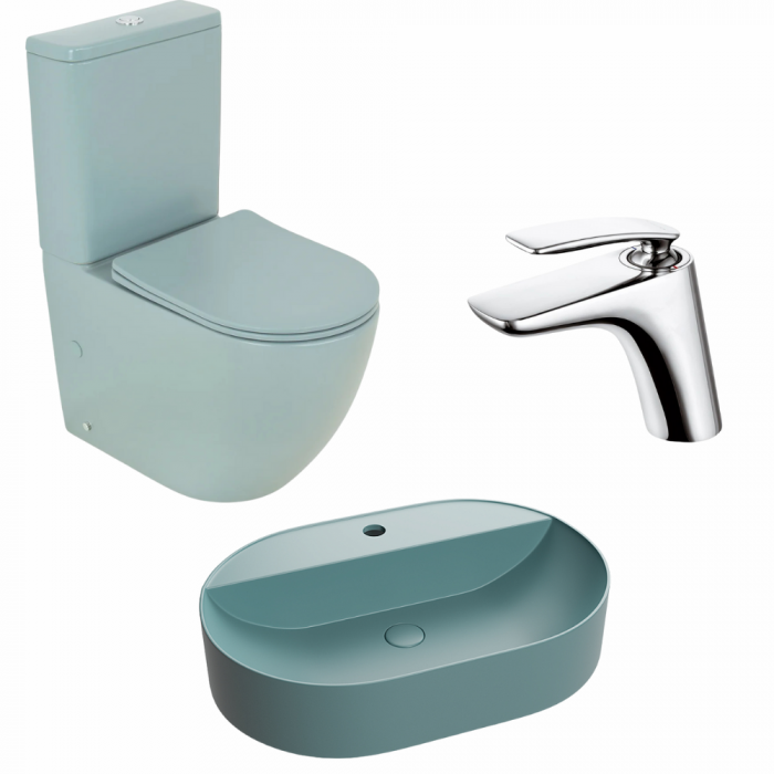 Set vas wc stativ rimless verde turcoaz mat Foglia Oslo cu rezervor si capac soft close inclus, lavoar cu orificiu baterie plus baterie lavoar crom lucios