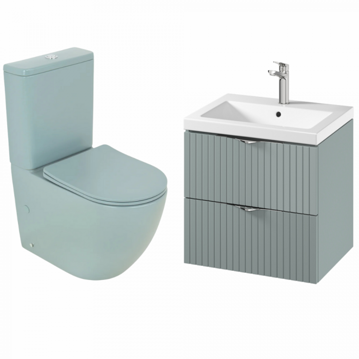 Set vas wc stativ rimless verde turcoaz mat Foglia Oslo cu rezervor si capac soft close inclus plus dulap baie suspendat 2 sertare si lavoar inclus