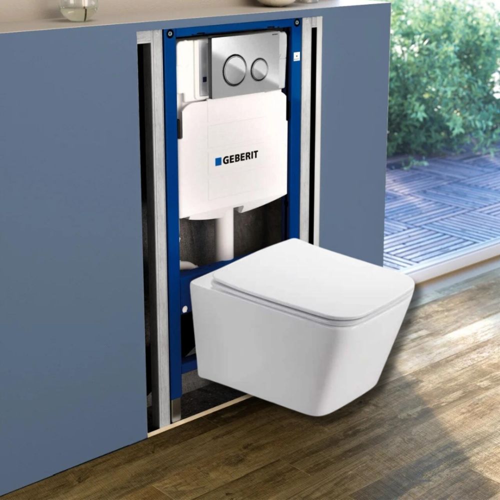 Set vas wc suspendat dreptunghiular rimless cu capac soft close, clapeta crom Duofix, rezervor wc incastrat Geberit [2]