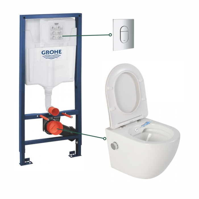 Set vas wc suspendat cu functie bideu alb si baterie inclusa crom Foglia Oslo, rezervor wc incastrat si clapeta crom lucios, Grohe