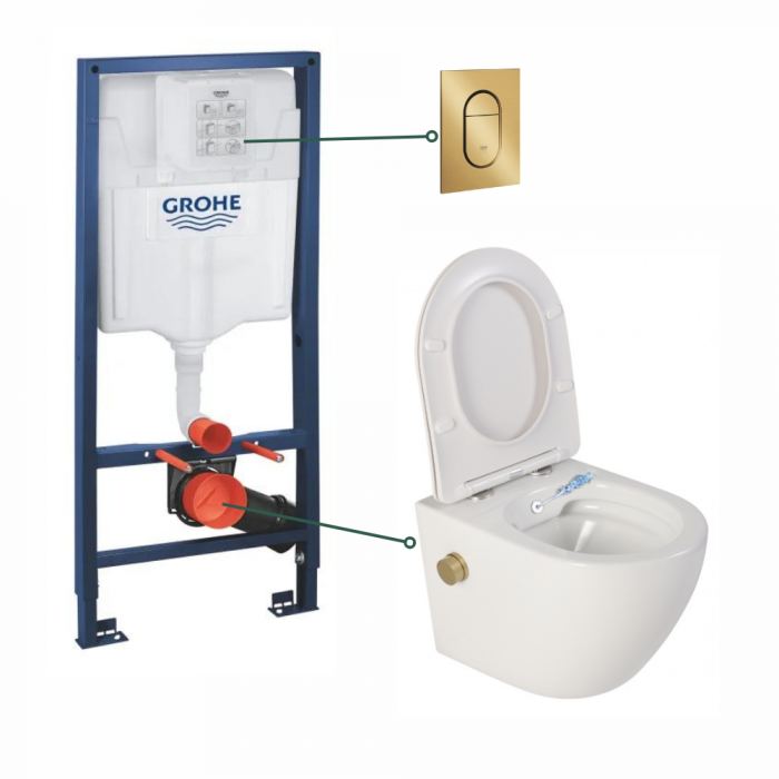 Set vas wc suspendat cu functie bideu alb si baterie inclusa auriu mat Foglia Oslo, rezervor wc incastrat si clapeta auriu periat, Grohe