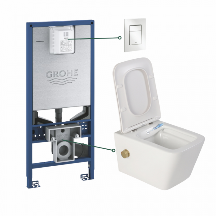 Set vas wc suspendat cu functie bideu alb si baterie inclusa auriu mat Foglia Safari, rezervor wc incastrat si clapeta alb alpin, Grohe [1]