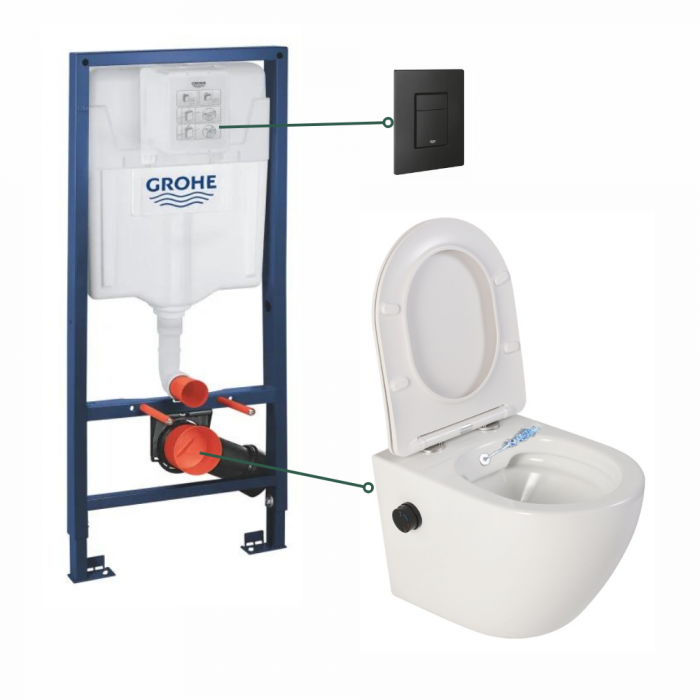 Set vas wc suspendat cu functie bideu alb si baterie inclusa negru mat Foglia Oslo, rezervor Grohe Solido 3 in 1 cu clapeta neagru mat Even