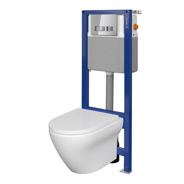 Set vas wc suspendat Larga Oval CleanOn cu capac soft close, rezervor incastrat si clapeta crom lucios [1]