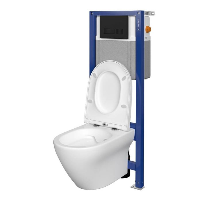 Set vas wc suspendat Larga Oval CleanOn cu capac soft close, rezervor incastrat si clapeta negru mat [2]