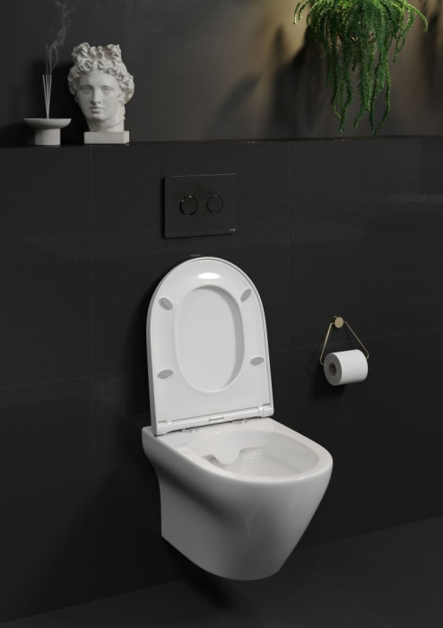 Set vas wc suspendat Larga Oval CleanOn cu capac soft close, rezervor incastrat si clapeta pneumatica negru mat [7]