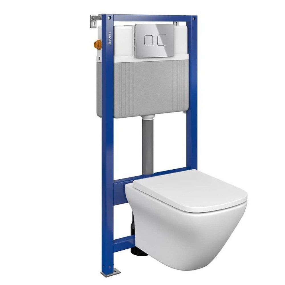 Set vas wc suspendat Larga Square CleanOn cu capac soft close, rezervor incastrat si clapeta pneumatica crom lucios [2]