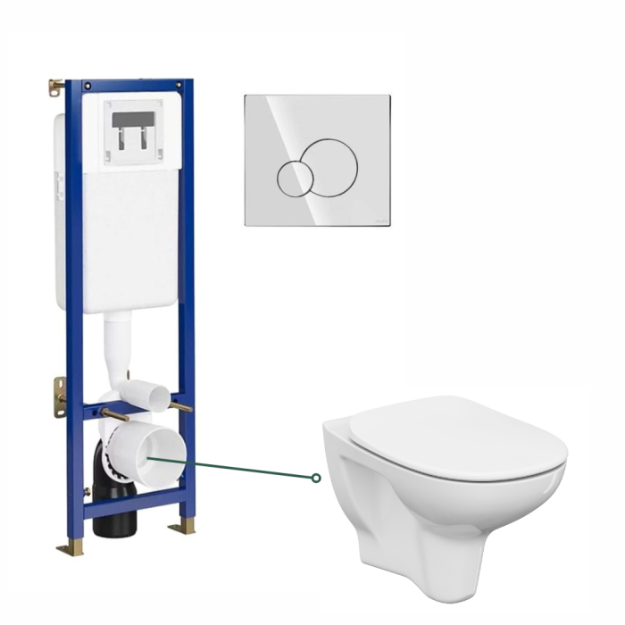 Set vas wc suspendat Luka CleanOn, capac din polipropilena inclus, rezervor wc incastrat Tech Line Base, clapeta crom lucios, Cersanit