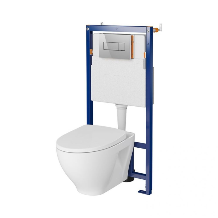 Set vas wc suspendat Moduo CleanOn cu capac soft close, rezervor incastrat si clapeta crom lucios