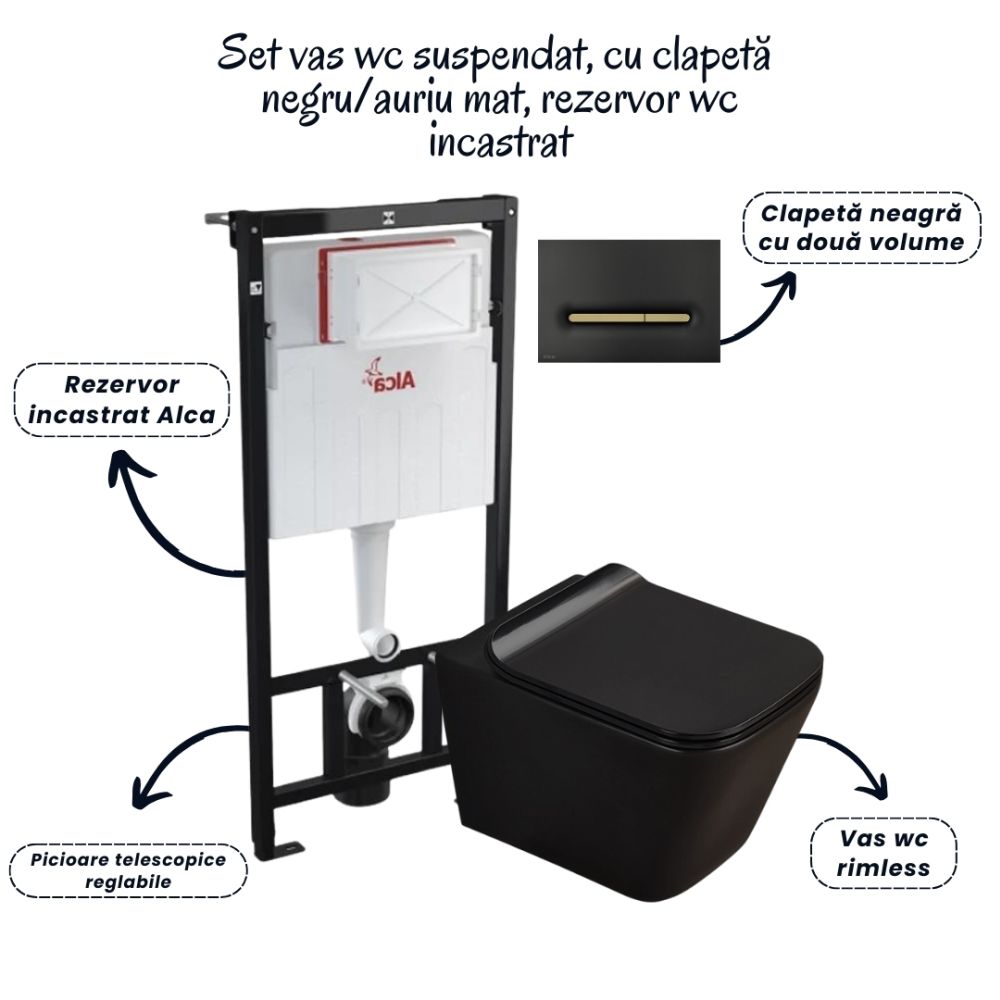 Set vas wc suspendat negru cu capac Fluminia Paris, rezervor si clapeta negru/auriu mat Alcaplast M1878-7 [2]