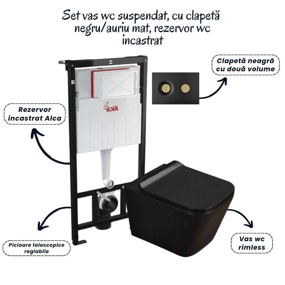 Set vas wc suspendat negru cu capac Fluminia Paris, rezervor si clapeta negru/auriu mat Alcaplast M1978-7 [2]