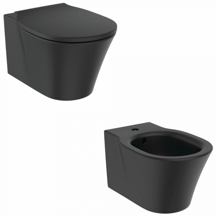 Set vas wc suspendat negru mat cu capac soft close si bideu, Ideal Standard Connect Air