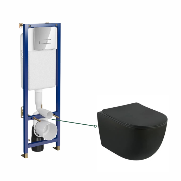 Set vas wc suspendat, negru mat rotund cu cu capac soft close Foglia Oslo, rezervor incastrat, clapeta actionare dubla Tech Line Base Smart crom lucios Cersanit [1]