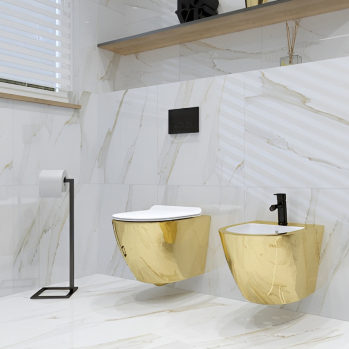 Set vas wc suspendat, rimless, auriu-alb, cu capca soft close si quick release inclus, Spectrum Trendi Slim [2]