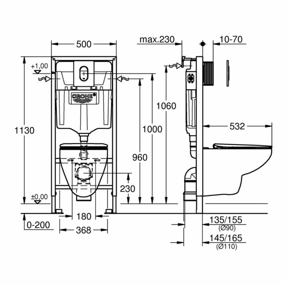Set vas wc suspendat rimless cu capac Grohe Bau Ceramic, rezervor incastrat Rapid SL si clapeta crom [2]